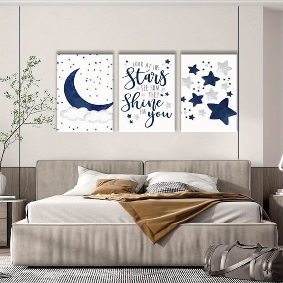 3pcs Nordic Minimalist Star and Moon Canvas Wall Art Set in Sea Blue- Perfect for Home, Office, Bedroom, Living Room, Dining Decor
