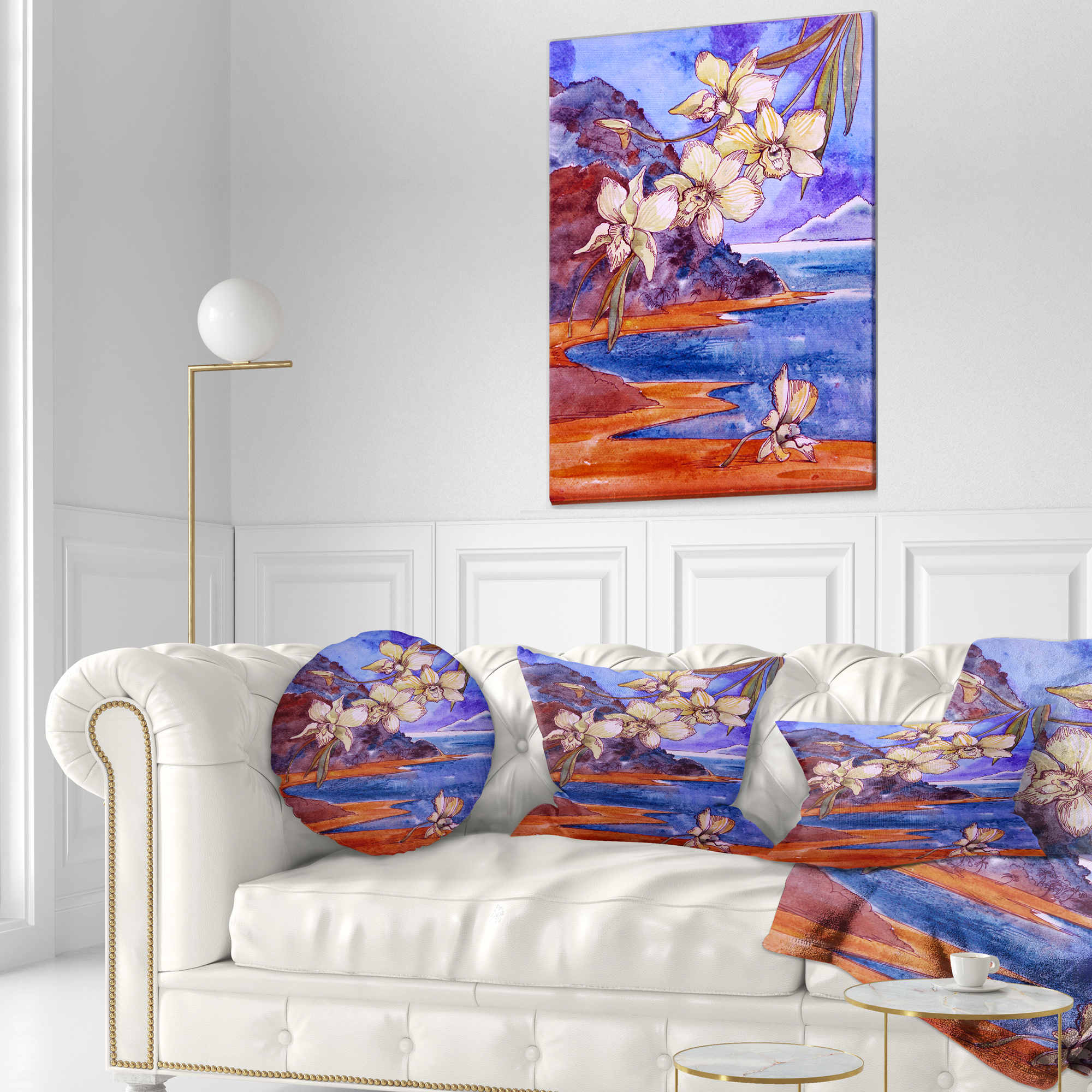 Designart White Orchid with Sea - Floral Throw Pillow - 12x20