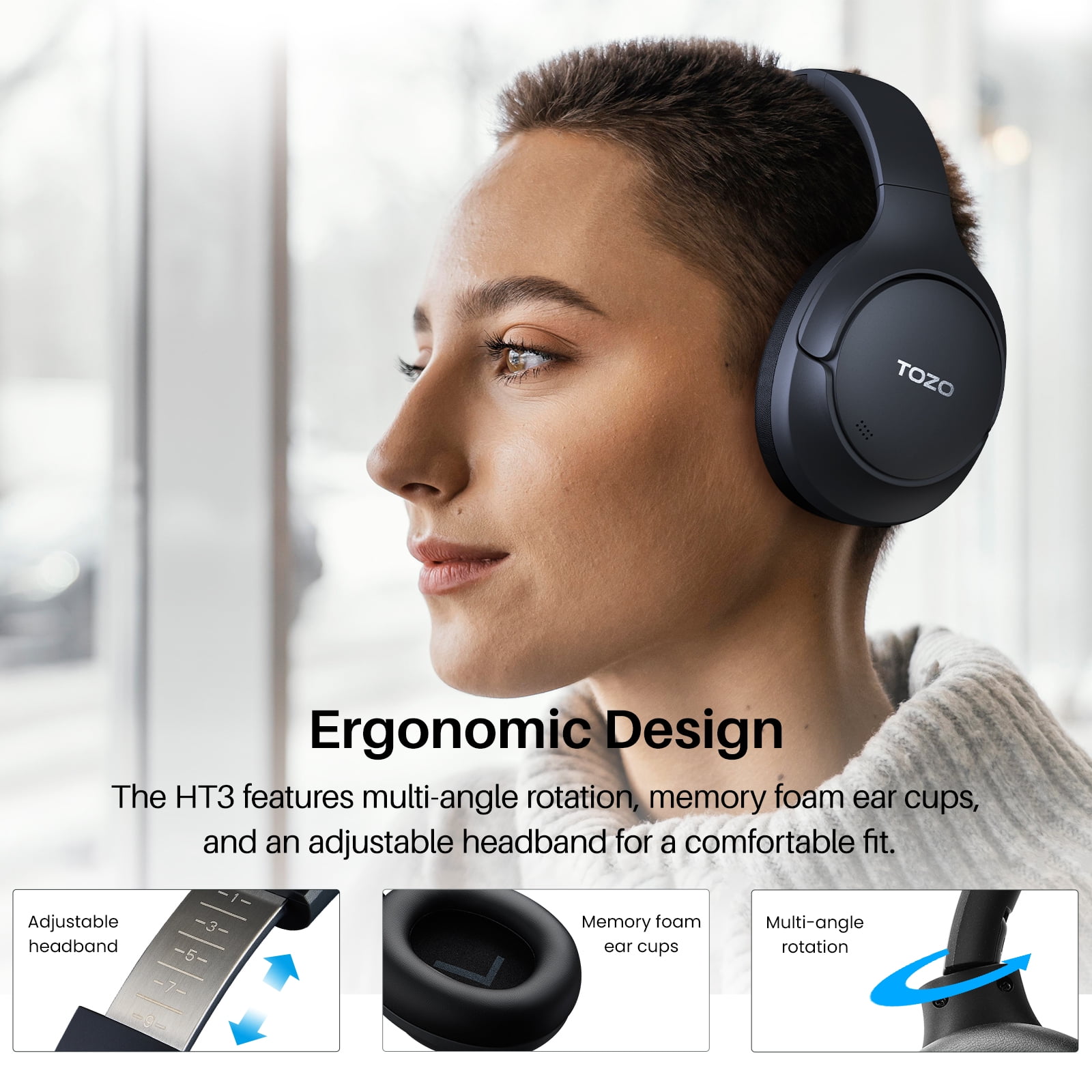 TOZO HT3 Wired/Wireless Over Ear Noise Cancel Bluetooth 6.0 Headphones for Adults, ANC/ENC 5 Mic, 90H, Hi-Res Audio, App-32EQ, Foldable/Adjustable Headband, AUX 3.5mm, Comfort Earcup for Home, Black