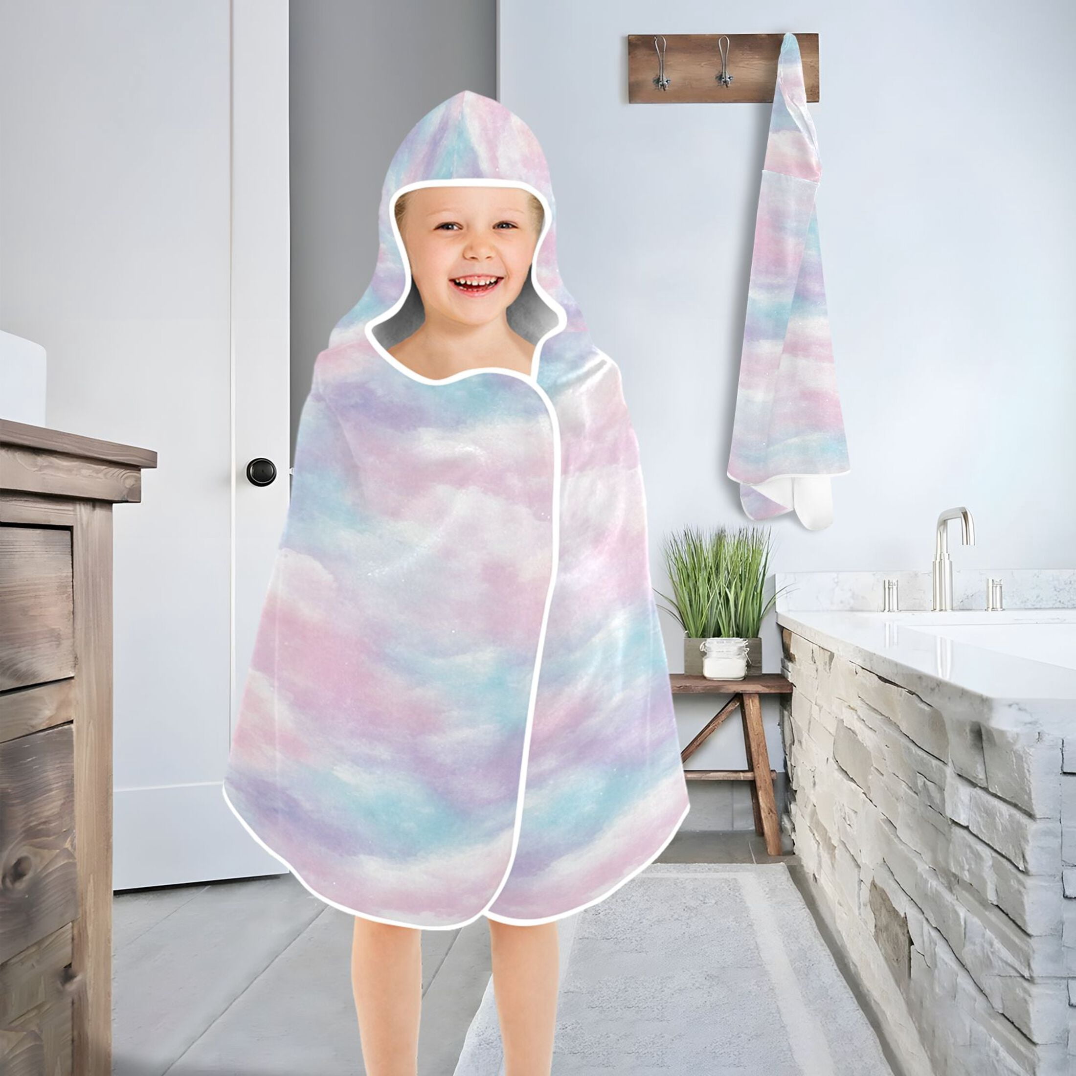 Pastel Clouds 50x23.5" Baby Hooded Bath Towel Poncho, Quick-Dry and Triangle Pocket, Kids' Essential