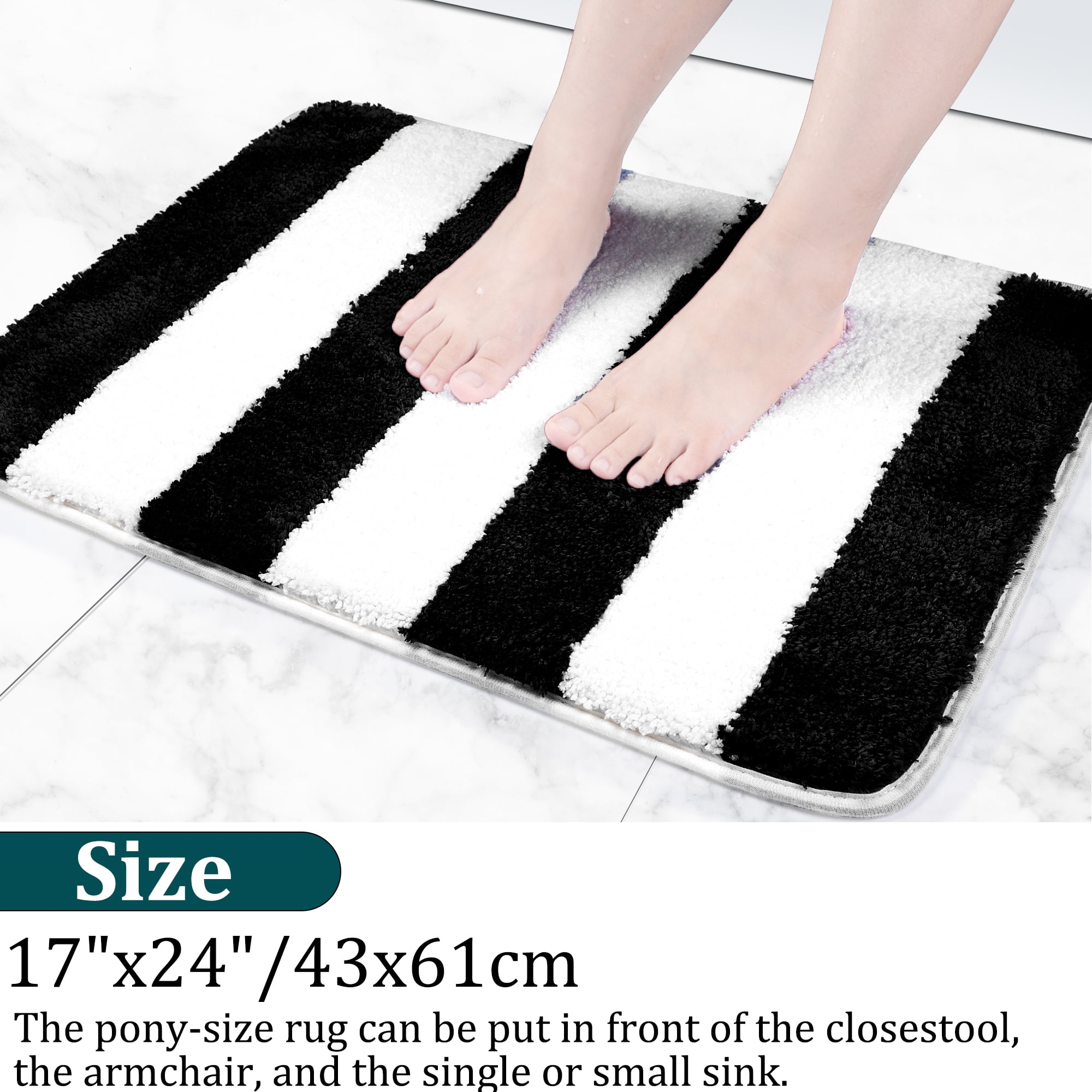 Unique Bargains Non Slip Microfiber Striped Bathroom Rugs Black&White 17"x24"