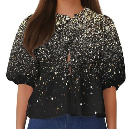 SHTXOZHI Womens Lace Up Front Tops Summer Print Babydoll Shirts Puff Sleeve Cute Blouses 2024
