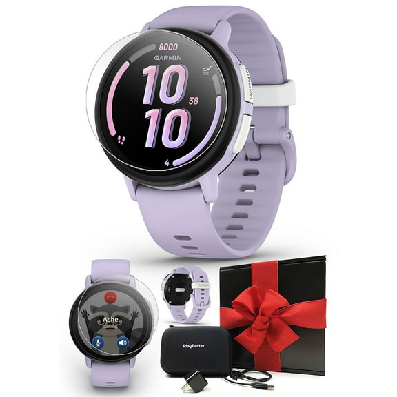 Garmin Bounce 2 (Light Purple) Kids GPS Smartwatch Gift Box Bundle with PlayBetter HD Screen Protectors, Wall Adapter & Hard Case