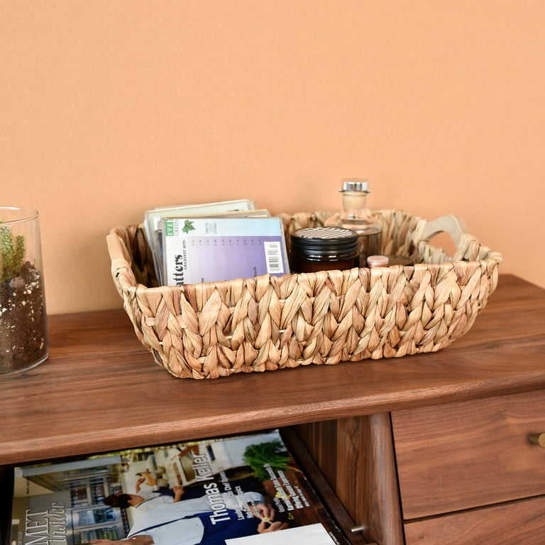 Woven Storage Baskets with Wooden Handles, Water Hyacinth Wicker Baskets  for Organizing,Large, 14.6” x 10.6” x 5”, 2-Pack 