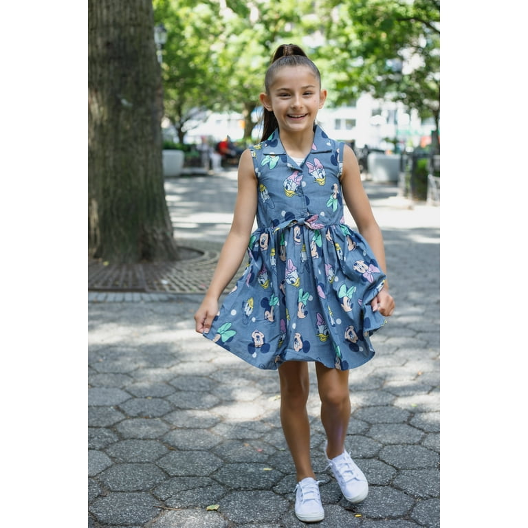 Disney Girls Chambray Skater Dress with Disney Character Artwork, Button  Front, Collared, Sleeveless, Front Tie Waist - Walmart.com