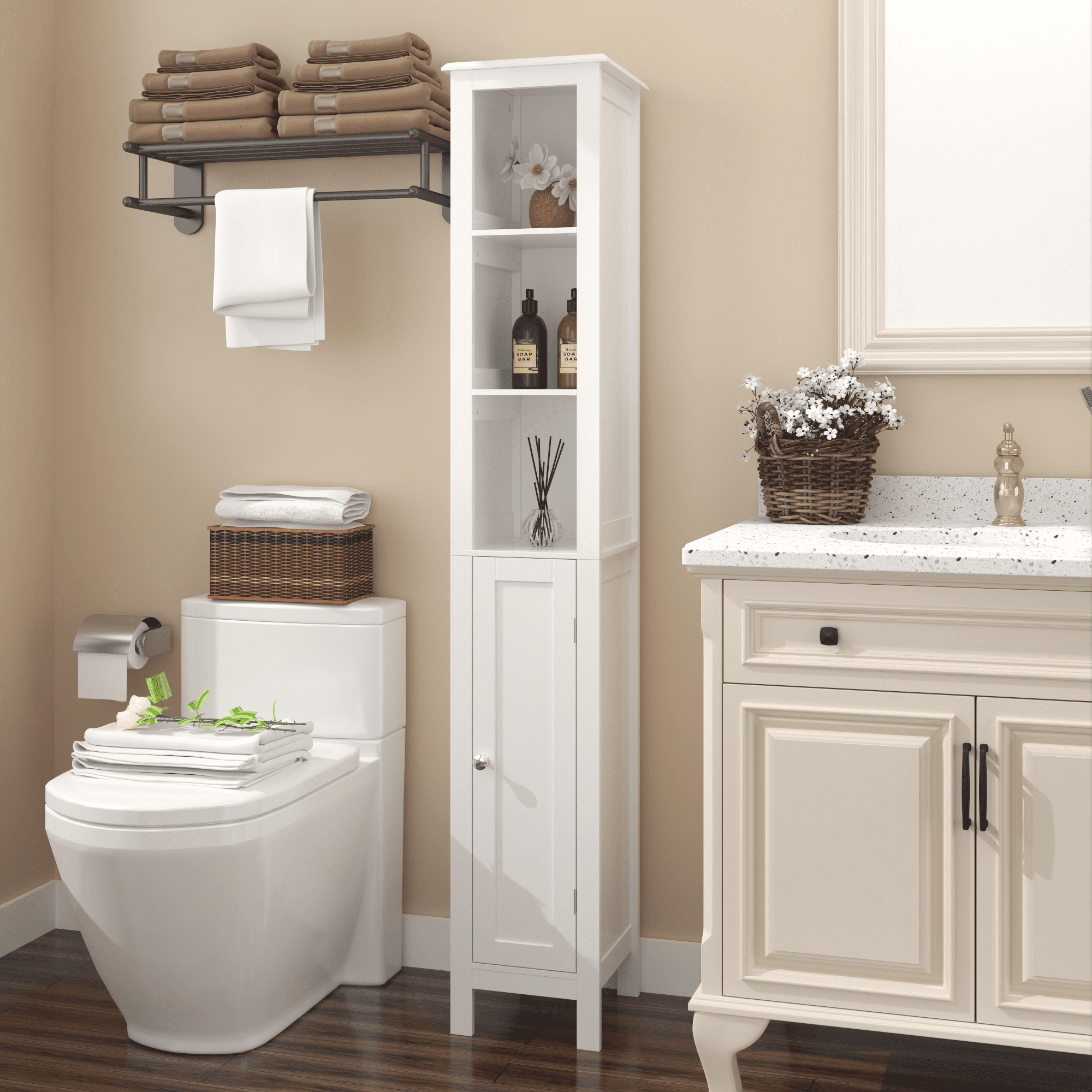 Euroco Tall Narrow Bathroom Storage Cabinet with Adjustable Shelves, Freestanding Floor Cabinet with Reversible Doors for Bathroom, Kitchen, or Living Room, White