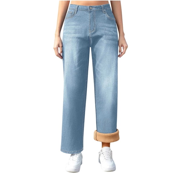 yardsong Women's Winter Warm Fleece Lined Jeans High Waisted Straight Leg Stretchy Sherpa Denim Pants with Pockets Light Blue,XL