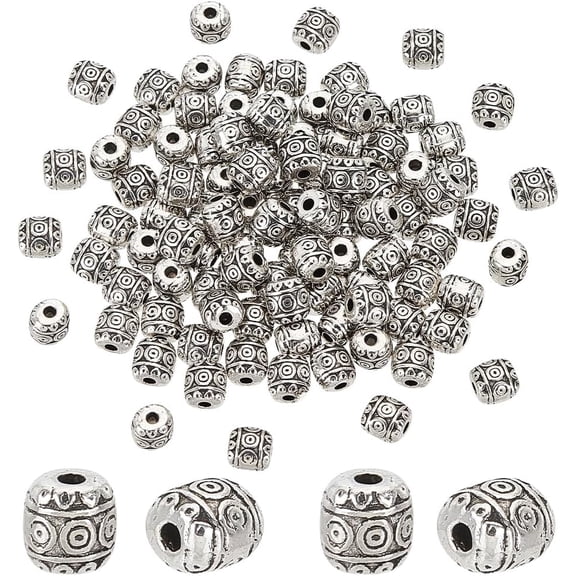 100pcs 6mm Tibetan Spacer Beads Silver Barrel Spacers Metal Alloy Loose Beads Craft Bead for Bracelets Necklace Earring Jewelry Making DIY Craft