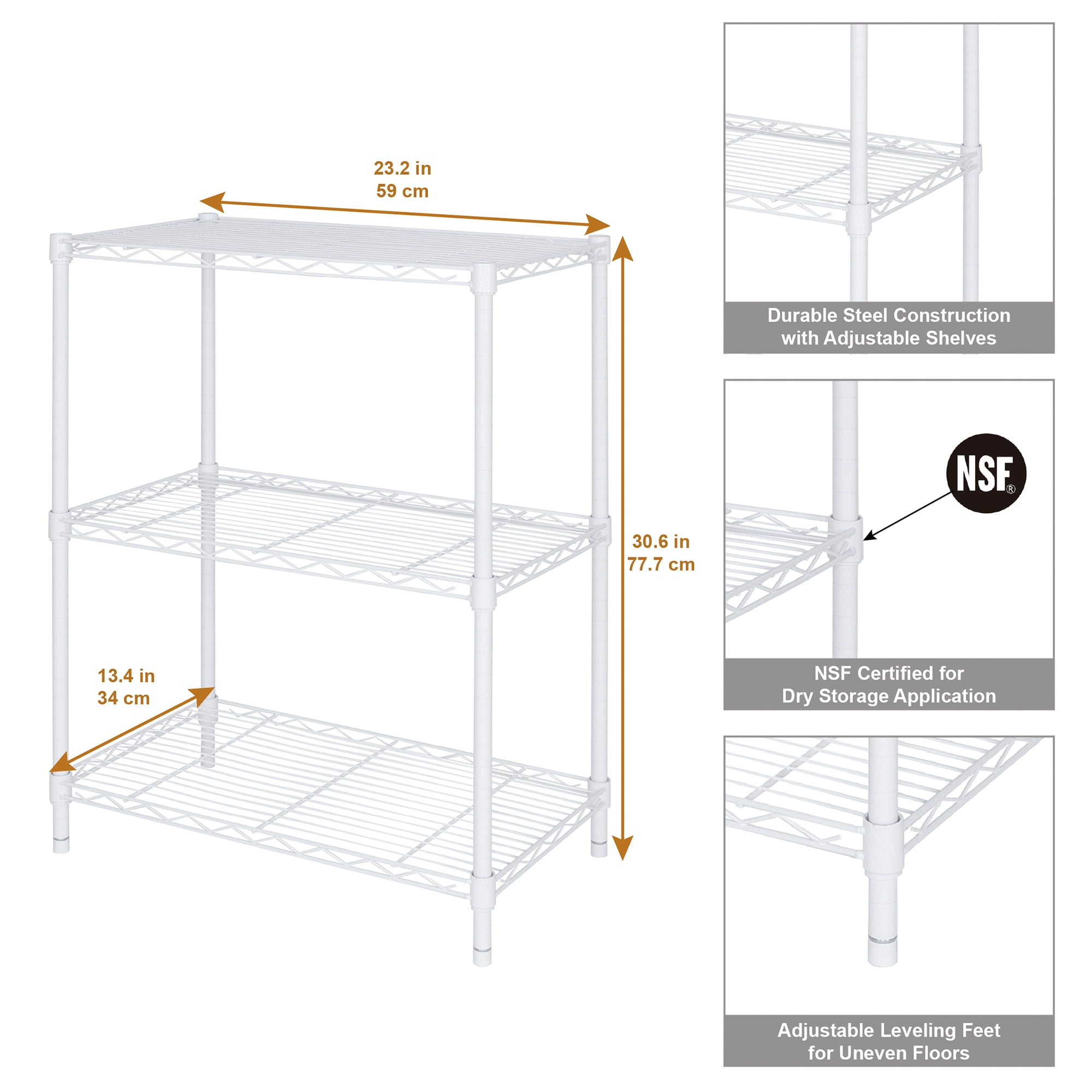 Hyper Tough 3-Tier Wire Shelving Rack, 750 lb Load Capacity, White