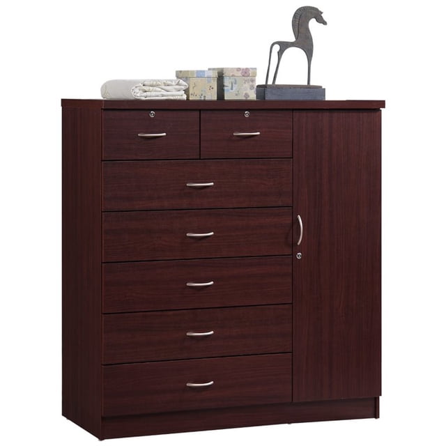 Pemberly Row Commode Contemporaine Haute à 7 Tiroirs avec 2 Tiroirs Verrouillables en Acajou