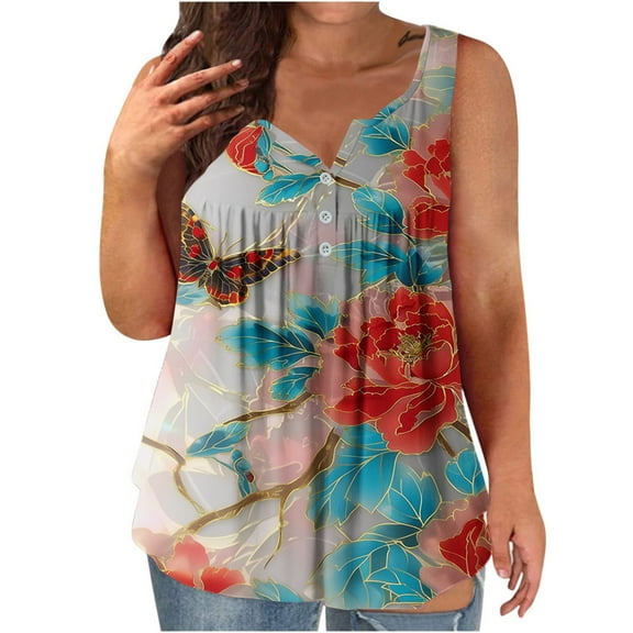 GaThRRgYP Womens Casual Tank Top Sleeveless,Plus Size T-shirts for Women V Neck Summer,Womens Tank Summer Printing Sleeveless Flared Trendy Casual Blouse Button Tunic Shirt Green XL