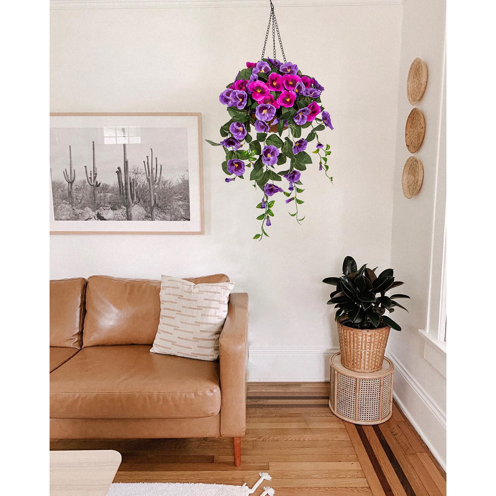 Briful 27.6’’ Fake Flowers Hanging Basket, Pansy Artificial Flowers, Realistic Silk Spring Bloom Faux Flowers, 5.9’’ Coconut Basket, for Home Farmhouse Balcony Outdoor Patio Garden Decor