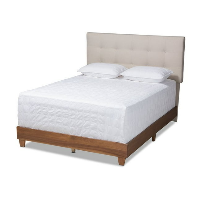 Baxton Studio Taida King Size Light Beige Upholstered Walnut Bed
