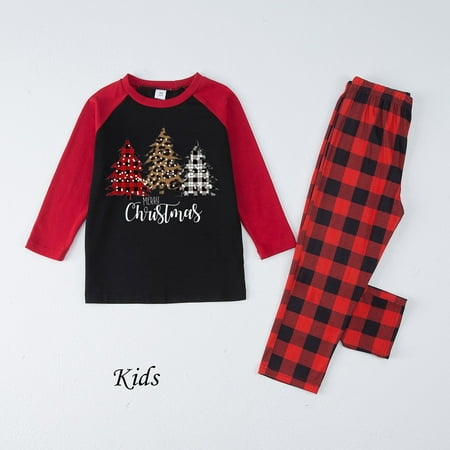 

NEGJ Children Girls Family Christmas Pajamas Check Patchwork Christmas Tree Printed Loungewear Pajamas Set Parent Child