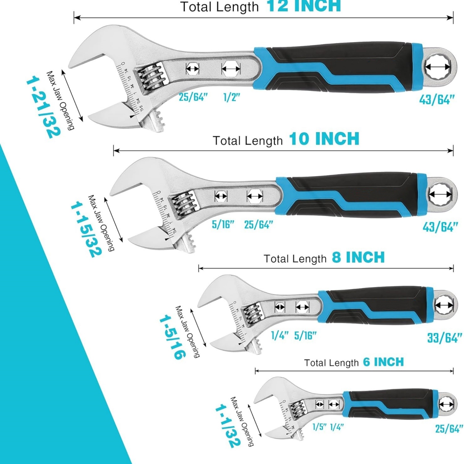 4-Piece Adjustable Wrench Set, 6-inch, 8-inch, 10-inch, 12-inch, 3-in-1 Spanner with Box End/Hex Function, CR-V Steel, Chrome-plated, Bi-material soft Grip, with Rolling Bag
