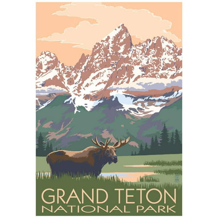 Grand Teton National Park - Moose and Mountains Wyoming Travel Advertisement Poster Wall Art By Lantern