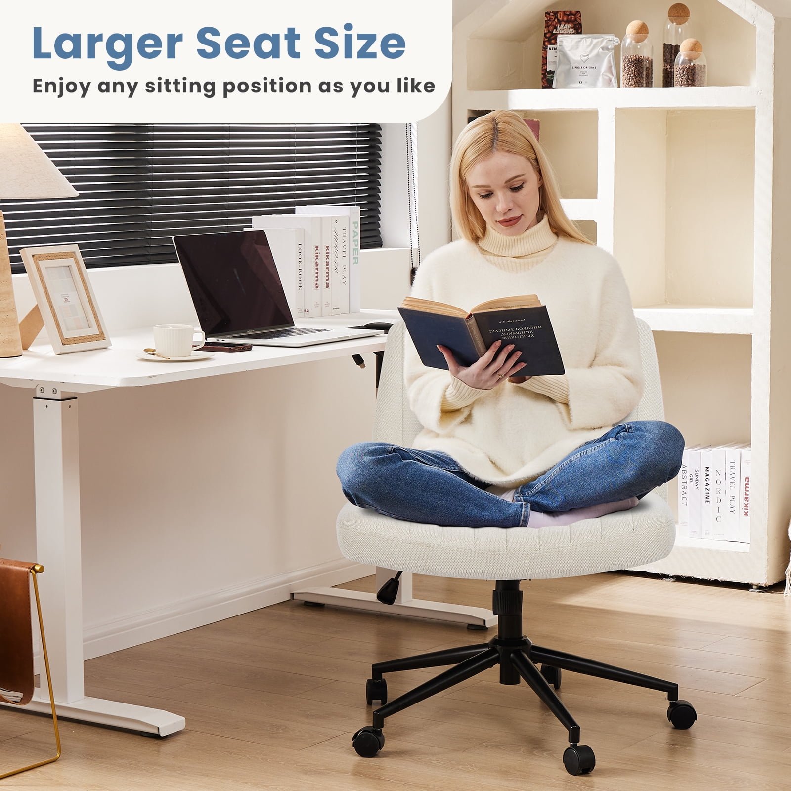 EDX Armless Office Chair Criss Cross Legged Chair with Wheels, Comfy Home Vanity Task Desk Chair, Beige