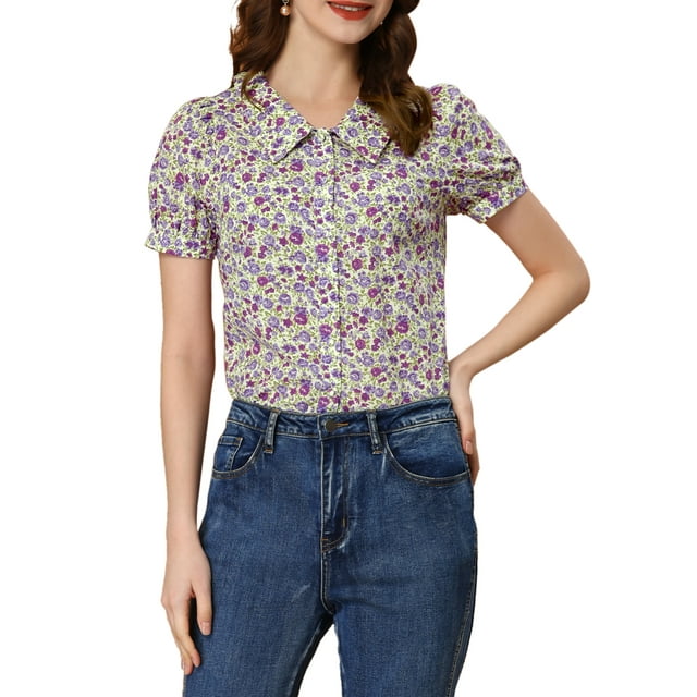 INSPIRE CHIC Blouse Boutonnée pour Femme à Manches Courtes Bouffantes Col Rabattu Haut en Coton à Motif Floral TG Violet