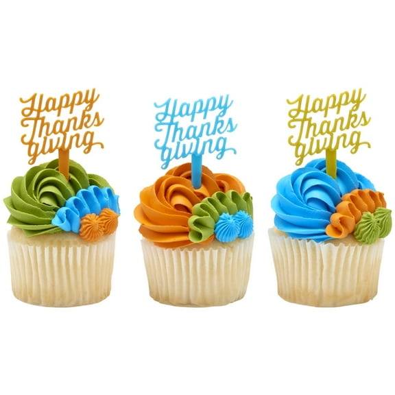 Happy Thanksgiving Cake Picks – 12 Pack Elegant Cupcake and Dessert Toppers for Holiday Celebrations