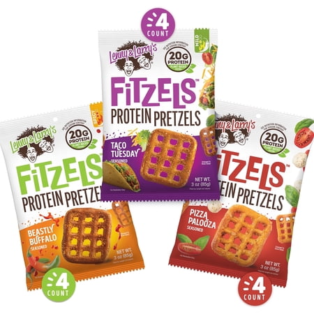 Lenny & Larry's Fitzels Protein Pretzels Snack,Game Day Variety Pack, 20g of Protein, 8 Pack