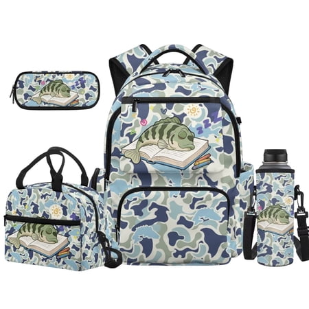 Binienty Bass Fish Camo Boys Bookbag And Lunch Box Set With Pencil Bag 4 Piece Girls 6-8 Waterproof School Bag Set Kids Backpack Set Kids Back Pack