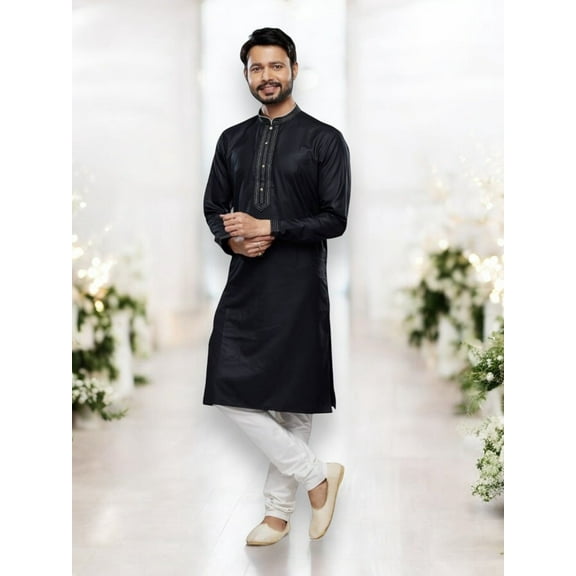 Black Soft Plain Art Silk Kurta Pajama, Traditional Cultural Wear for Mens, 2551