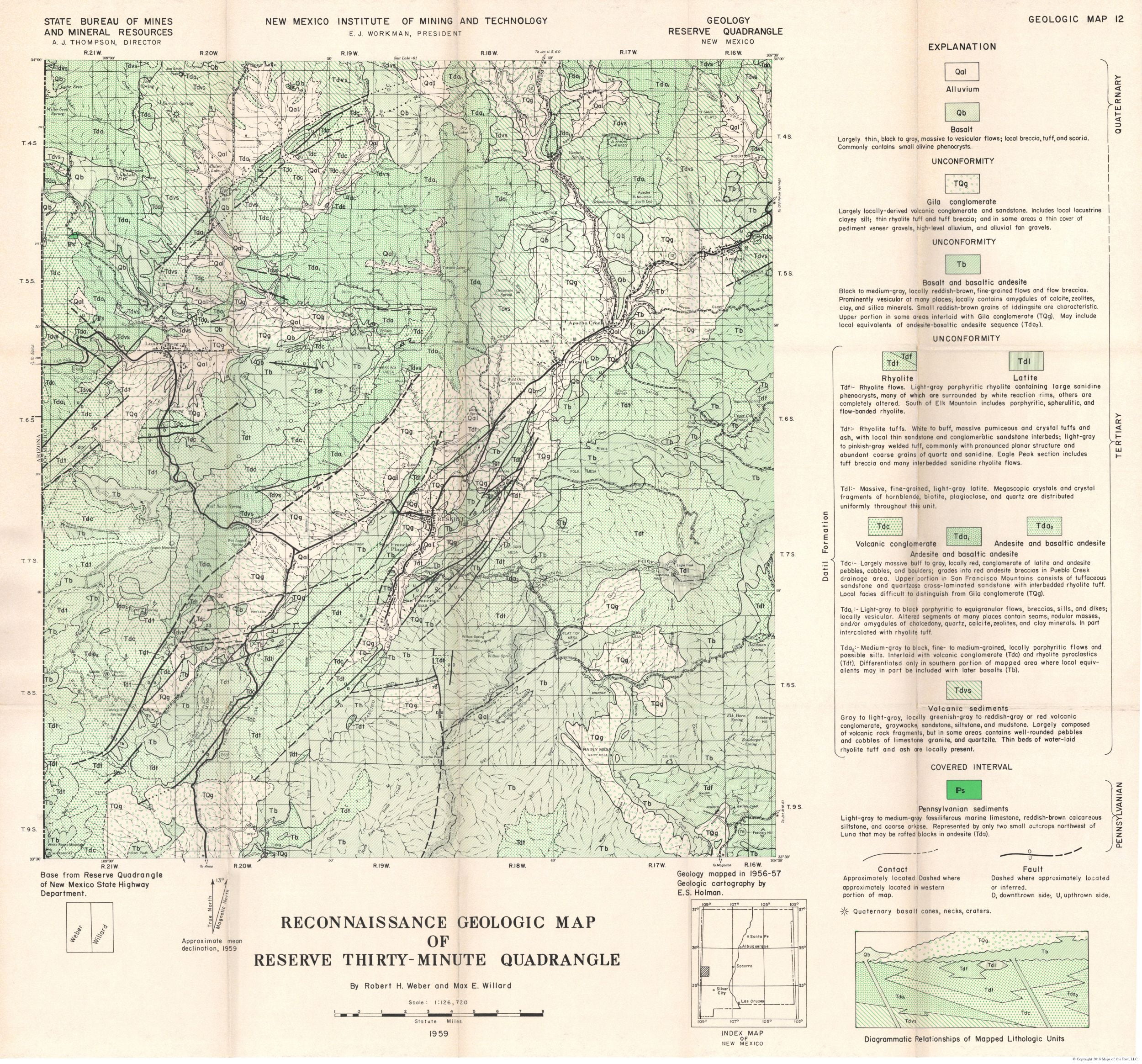 Mining Map Reserve Quad New Mexico Mines Willard 1956 23.00 x 24.