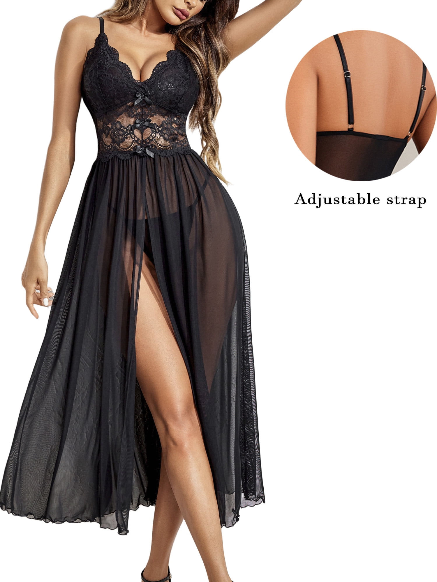 Avidlove Women Lingerie Lace Chemise Sexy Mesh Nightdress V Neck Nightwear Split Nightgown S-XXL