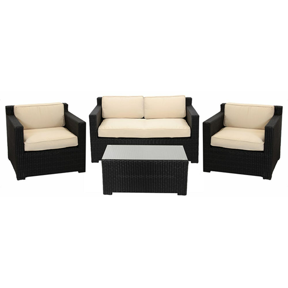 4-Piece Black Resin Wicker Outdoor Patio Furniture Set - Beige Cushions