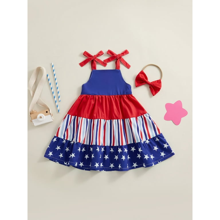 4th of July Toddler Little Girl Outfit Fourth of July Red White and Blue Dress American Flag Tiered Dresses