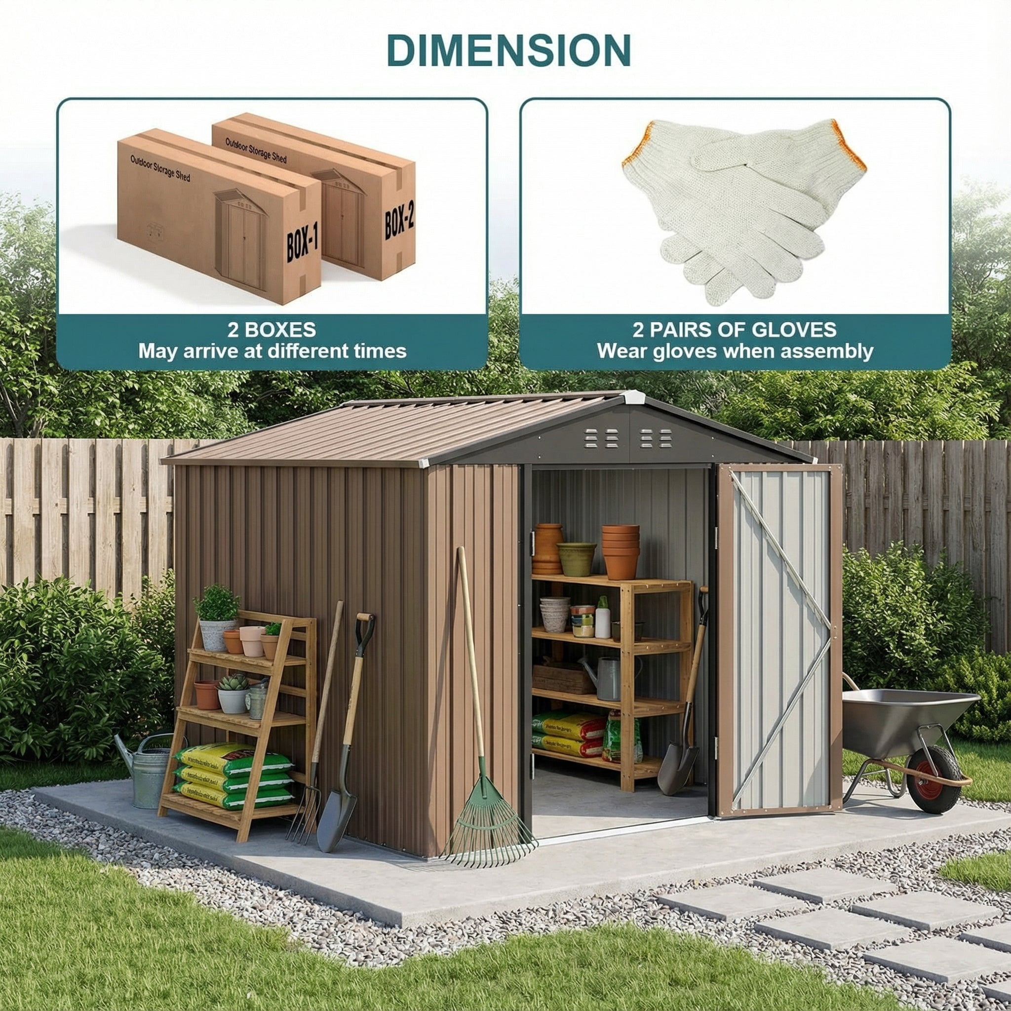 8' x 6' Outdoor Storage Shed with Lockable Double Doors, Weather-Resistant Iron Shed for Garden & Backyard, Brown