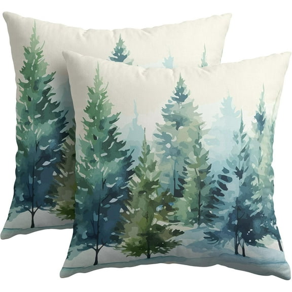 Watercolor Christmas Tree Pillow Covers 16x16 Set of 2 Blue Green Xmas Print Vintage Decorative Outdoor Throw Pillow Case Rustic Winter Holiday Decoration Farmhouse Sofa Couch Cushion Cover Bed Decor
