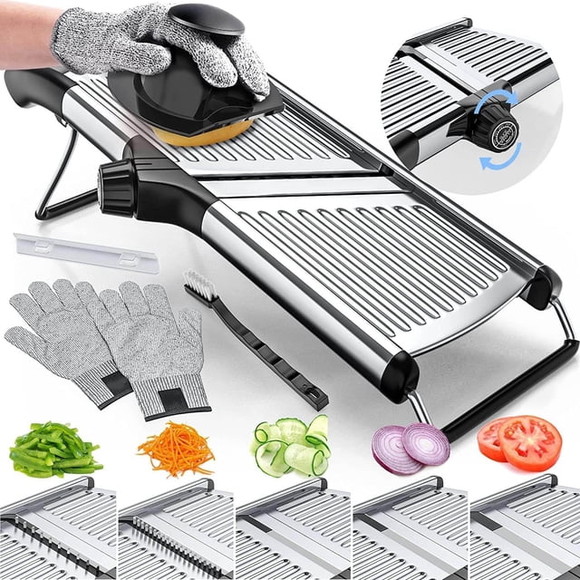 Cortador de mandolina ajustable para cocina, cortador de alimentos de acero inoxidable, para papa/tomate/zanahoria/verduras/frutas/cebolla, con pelador de verduras, pelador de maíz, guantes