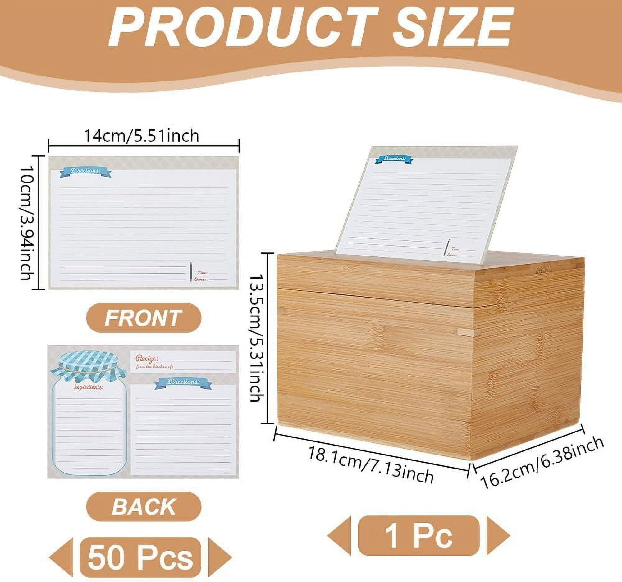 Wooden Recipe Box Recipe Card Holder Box with 50 pcs Blank Recipe Cards Flip Cover Wooden Box for Home Kitchen Storage 6.38x7.13x5.31inch Tan
