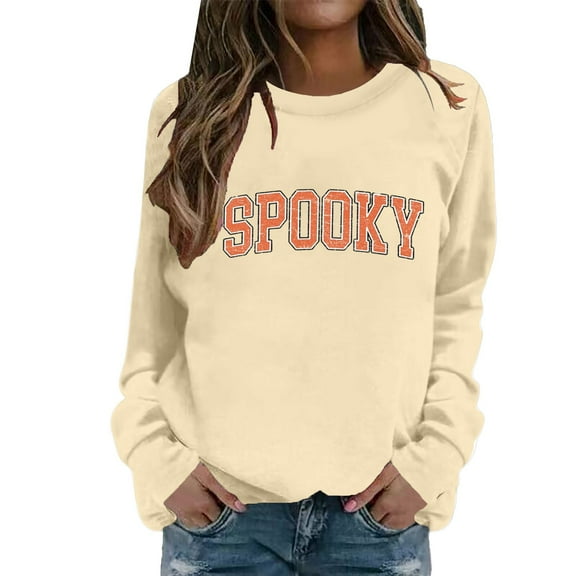 Arlun Halloween Spooky Sweatshirts Womens Classic Spooky Letter Printed Long Sleeve Sweatshirt Loose Comfy Crewneck Hoodless Pullover Tops Fall Winter 2025 Beige XL