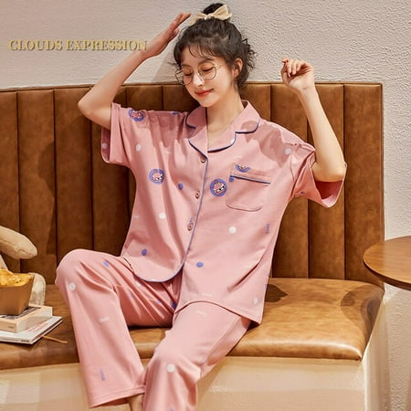 

QWZNDZGR Spring Summer Short Pijama Cartoon Print Women s Pajamas Set Kawaii Girl Nightwear Plaid Pants Sleepwear Lounge Homewear Fashion