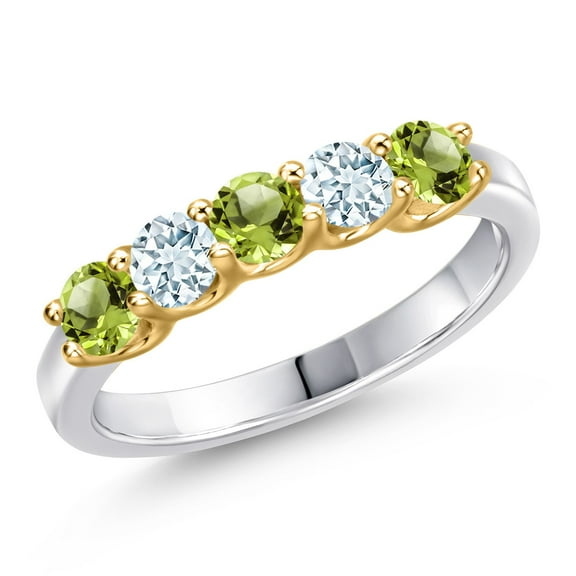 Gem Stone King 925 Silver and 10K Yellow Gold Green Peridot and Sky Blue Aquamarine Wedding-Bands Ring for Women | 0.96 Cttw | Round 3.5MM | Gemstone August Birthstone | Size 5