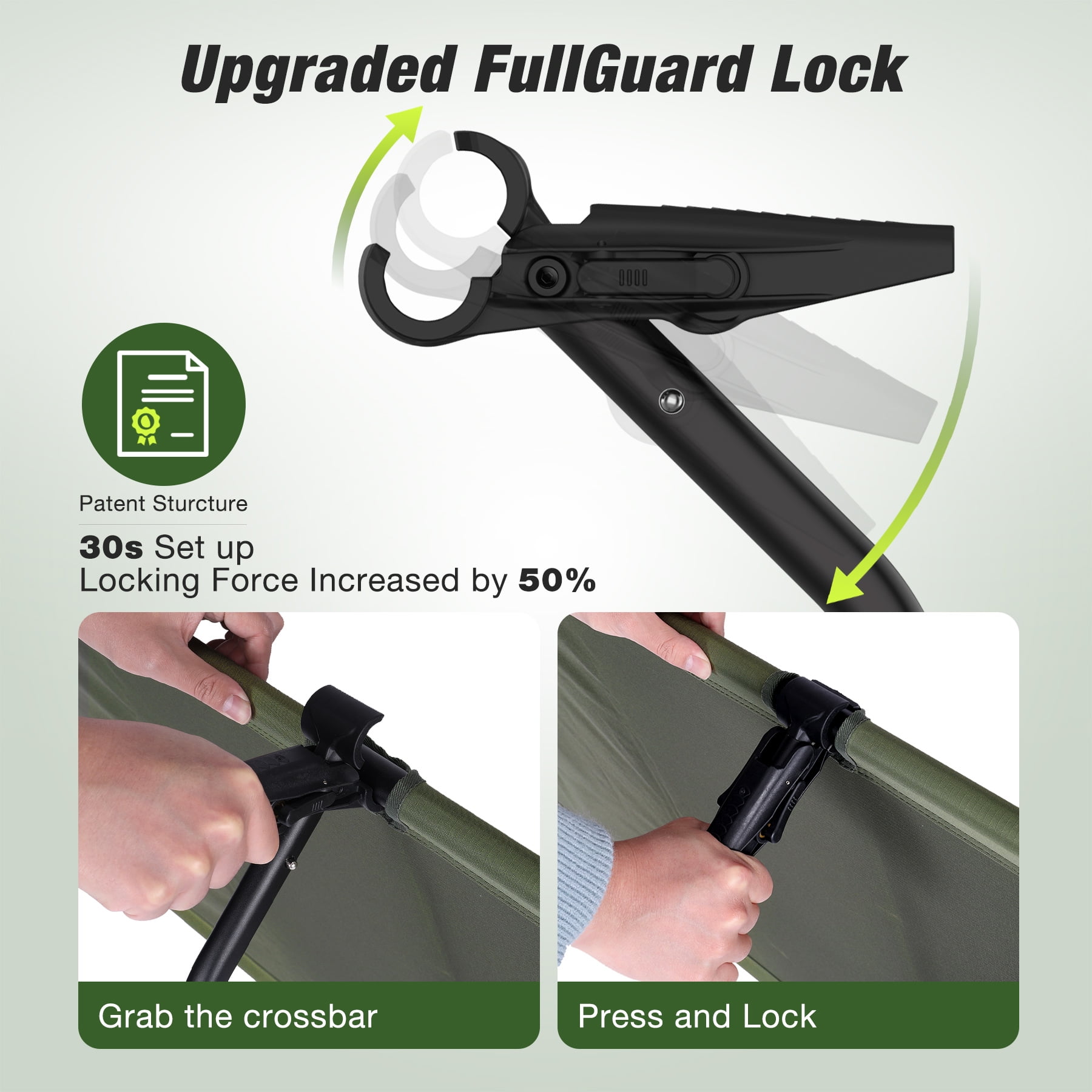 WARMOUNTS Compact Camping Cot Pro, 360° Grip Lock, 30