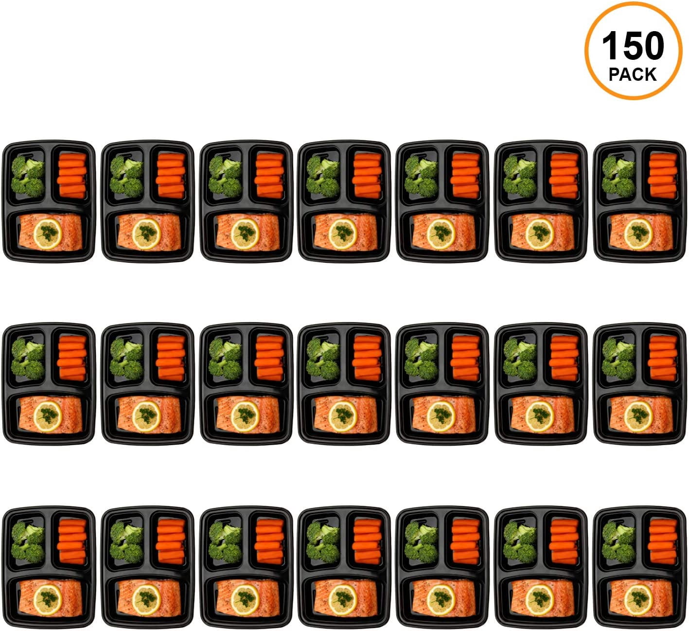 Freshware Meal Prep Containers [150 Pack] 3 Compartment with Lids, Food Containers, Lunch Box, Stackable, Bento Box, Microwave/Dishwasher Safe (32 oz)