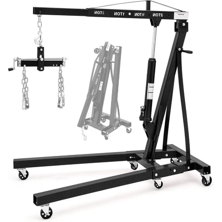 Heavy Duty 2 Ton Folding Hydraulic Engine Hoist with Lever – Telescopic Adjustable Boom 6 Swivel Casters Cherry Picker Shop Crane for Garage and Workshop Auto Repair – Black