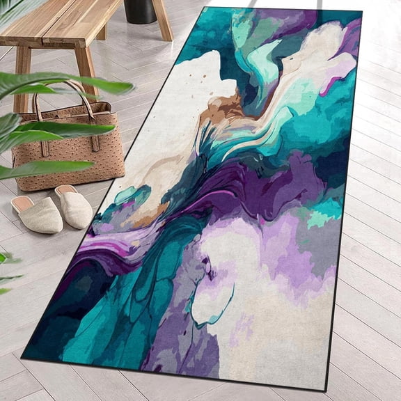 Voguly Blue Purple Liquid Marble 2’x6’ Entry Runner Rug, Non-Slip Washable Indoor, Bedroom Kitchen Entryway Laundry Door Mat, Living Home Decor Carpet
