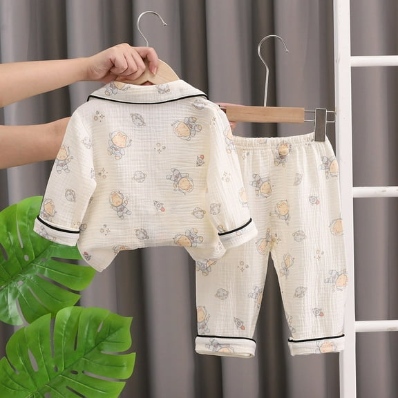 CUZIBR Girls Clothing Set Lapel Collar Long Sleeve Button Blouse And Pants Two Piece Sleepwear Outfit Soft Comfy Loungewear Daily Wear,Beige,18-24 Months