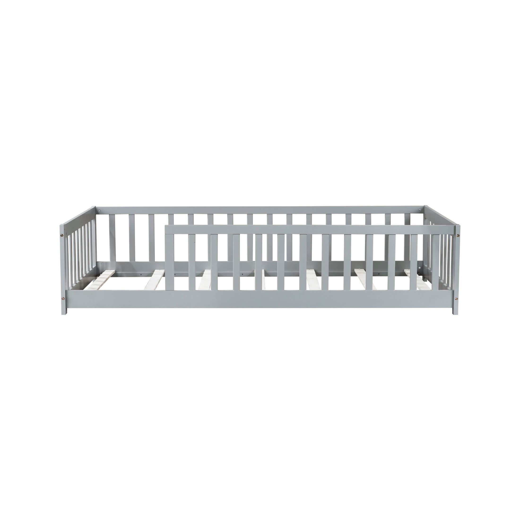 Noble House Nira Twin Size Floor Bed with High Fence, Sturdy Rubber Wood Montessori Bed, Kid's Room, Gray