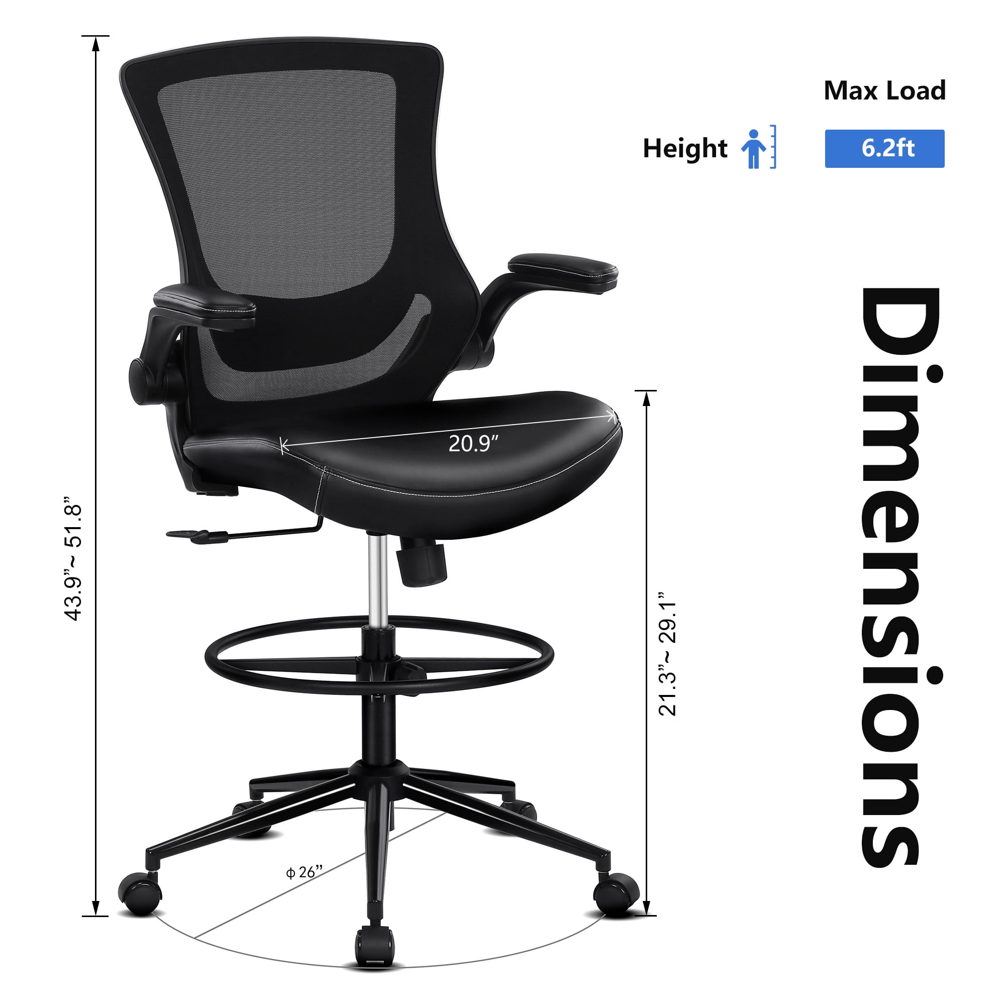 Misolant Tall Office Chair for Standing Desk, Drafting Chair with Foot Ring, PU Leather Recline High Office Tall Desk Chair with Adjustable Lumbar Support