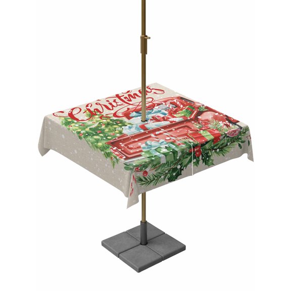 Outdoor Tablecloth with Umbrella Hole and Zipper, Christmas Square Table Cloth 60x60 Inch Waterproof Tablecloth, Red Truck Pine Tree Snowflake Branches Flowers Picnic Table Cover for Patio Camping