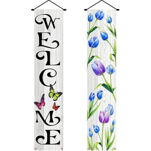 Spring Summer Floral Porch Sign Flowers Tulip Welcome Banner Door Sign Decorations Hanging Door Banner Spring Summer Decorations for Front Door Indoor Outside Home Yard Porch Wall Decor
