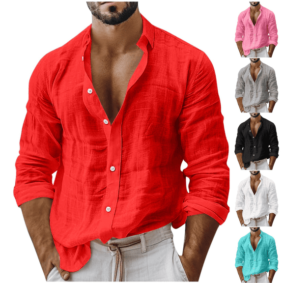 Jinhomg Linen Shirts for Men Casual Lightweight Button Up Band Collar T Shirt Long Sleeve Pleated Loose Cotton Cardigan Tops Red,S