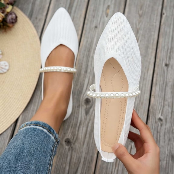 DIVVce Pointed Toe Flats For Women Stretch Knit Pearl Beaded Single Thin Strap Slip On Flat Shoe Footwear