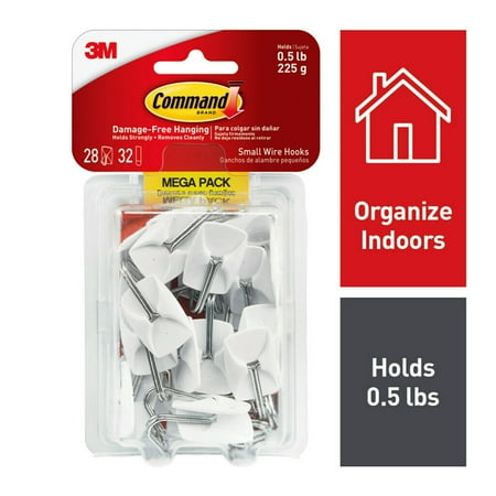 Command Wire Hooks, Small, White, 28 Hooks, 32 Strips/Pack
