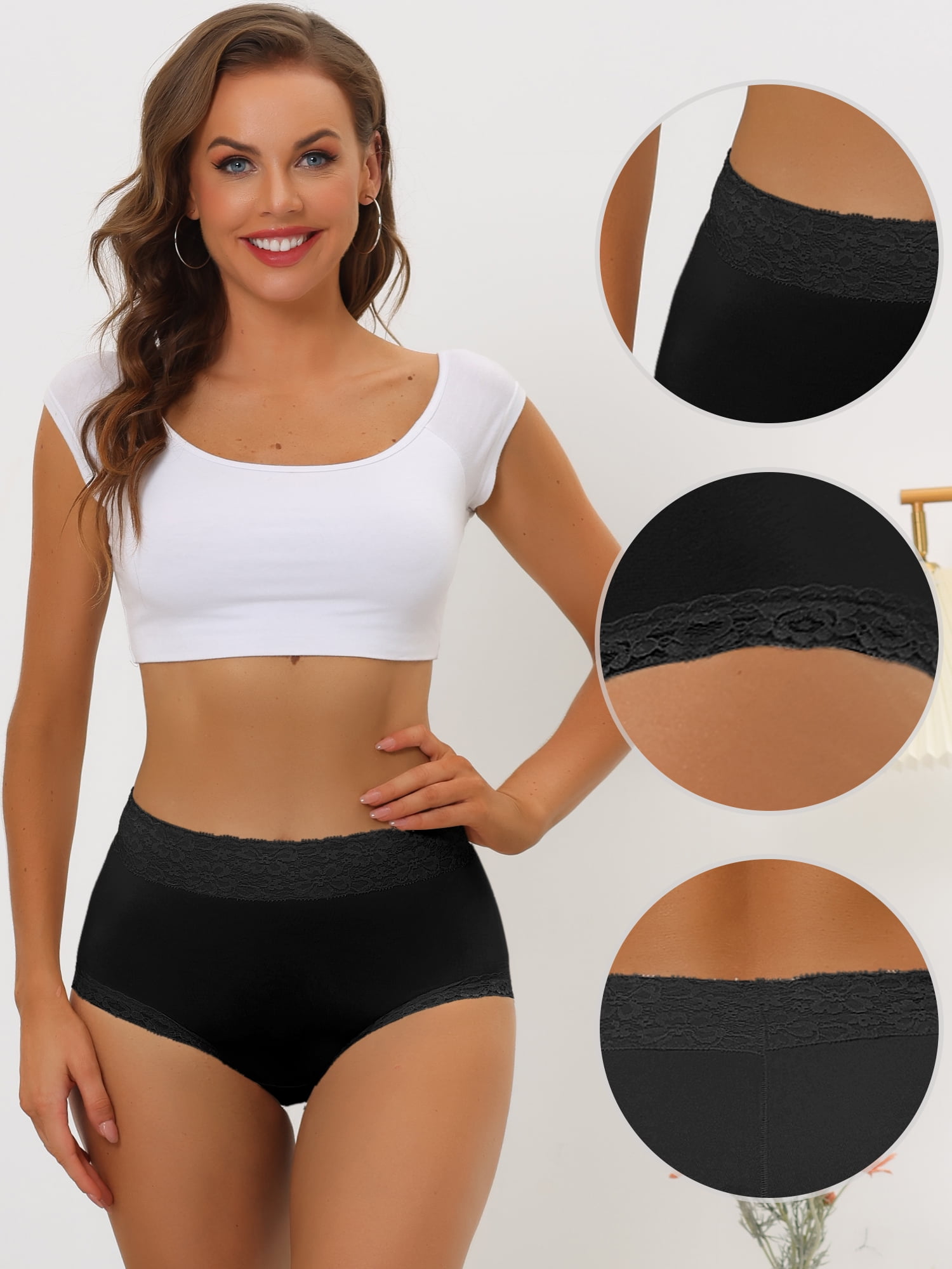 DARING DIVA Women's Cotton High-Lace Trim Tummy Full Coverage Brief Panties L Black
